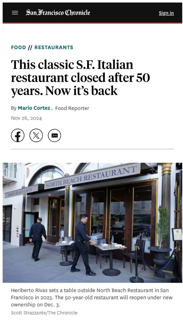 San Francisco Chronicle article about North Beach Restaurant reopening